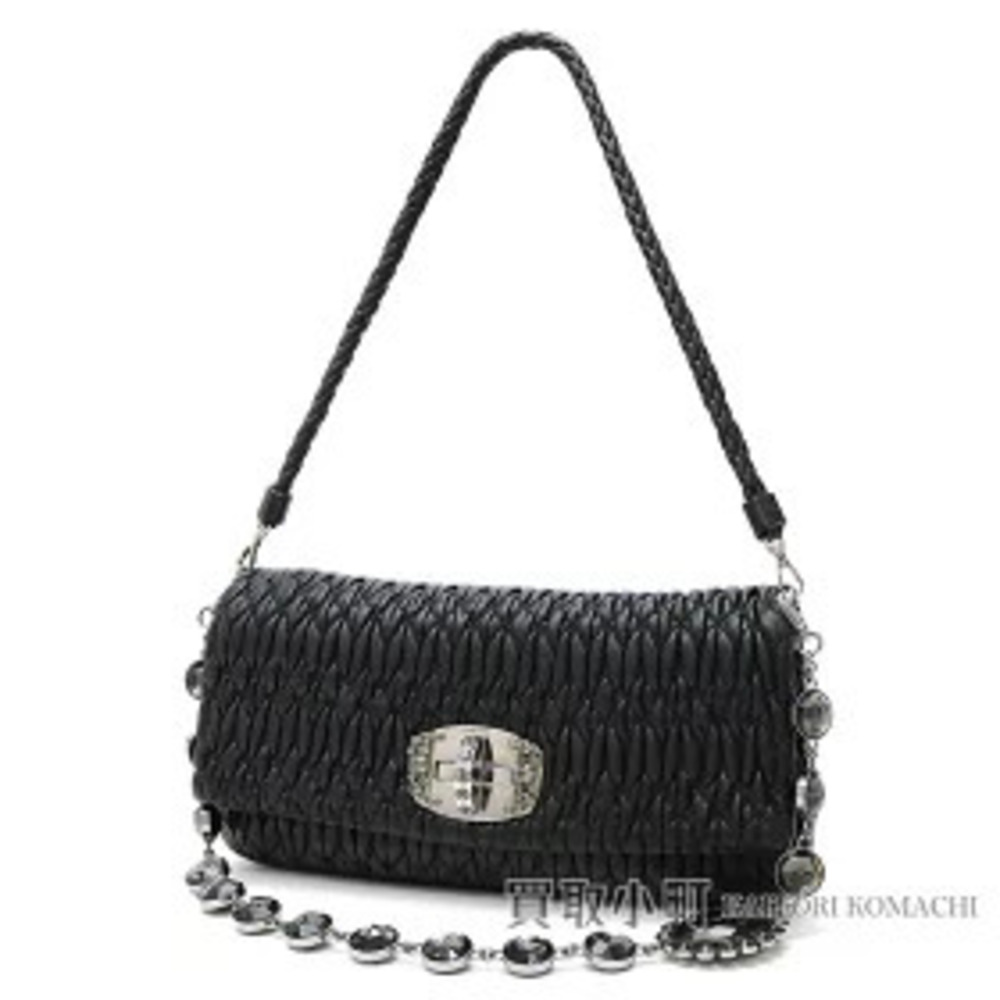 Miu Miu Nappa Crystal Shoulder Bag Black Lambskin Rhinestone Chain Strap